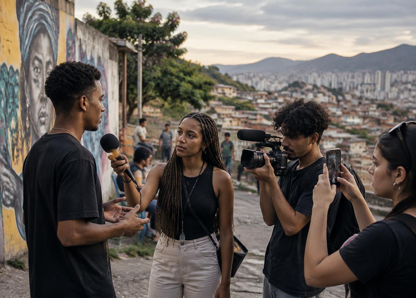 Cena conceitual de jovens produzindo uma reportagem audiovisual em Belo Horizonte