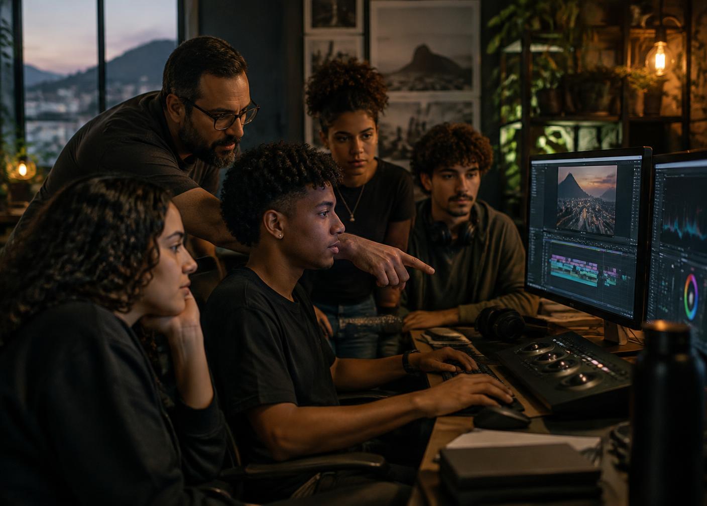 Cena conceitual de jovens em uma ilha de edição audiovisual